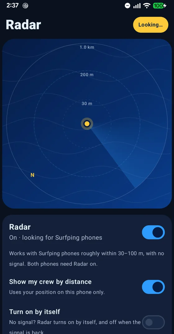 Surfping Radar screen: phones nearby, no signal needed