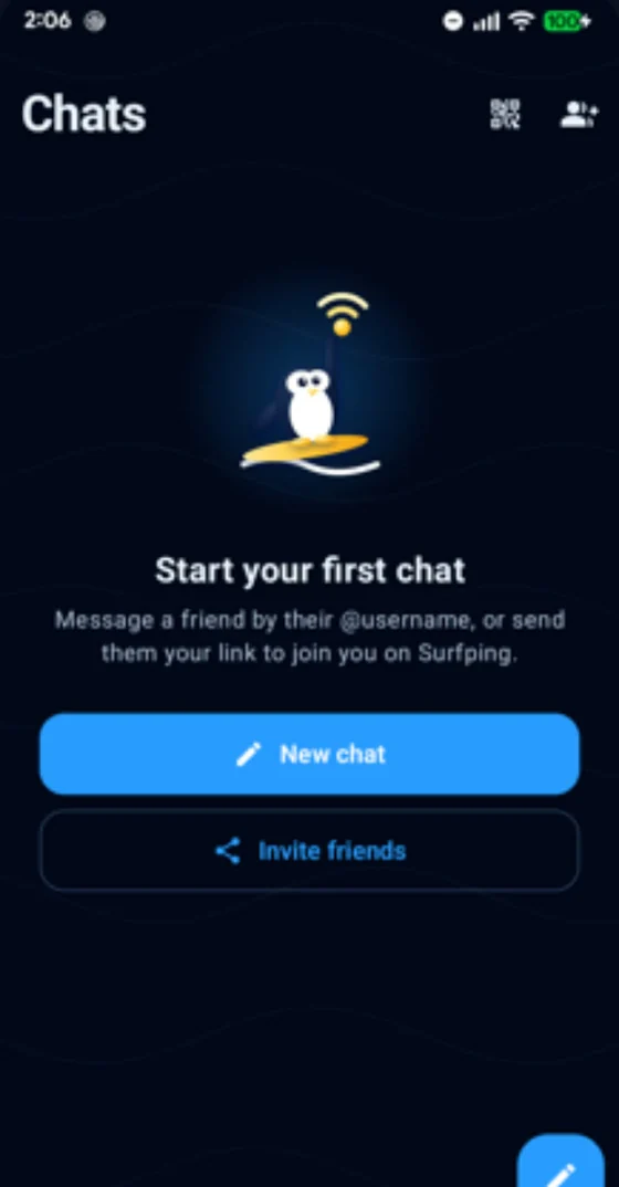 Surfping start screen: sign up with an @username, no phone number